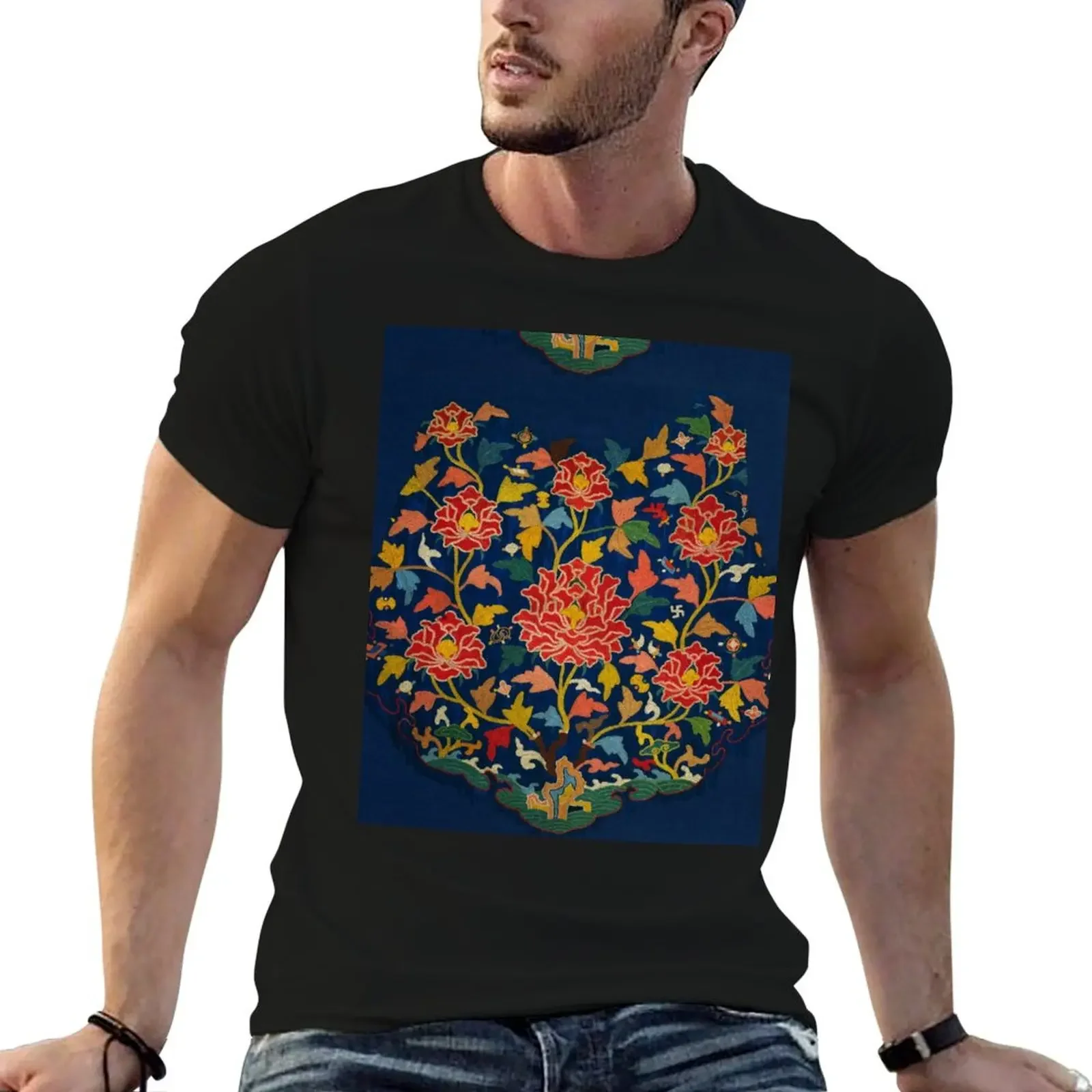 

ANTIQUE FLOWERS WITH ROCKS,OCEAN,RED PEONIES Oriental Floral In Blue Indigo T-Shirt kawaii clothes sublime t shirts men