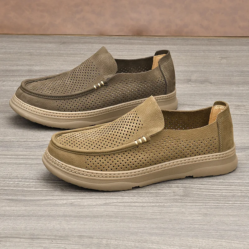 Summer Mesh Hollow Leather Shoes First Layer Cowhide Punching Hole Shoes New One Pedal Soft Sole Lightweight Men's Leather Shoes