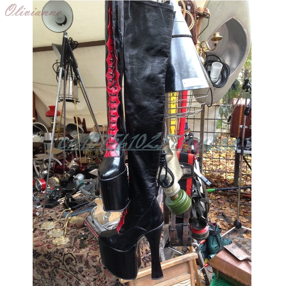 

Black and Red Front Lace-up Over the Knee Boots Platform Chunky Heel Fashion Sexy Strappy Women Shoes 2025 Zapatos Para Mujere