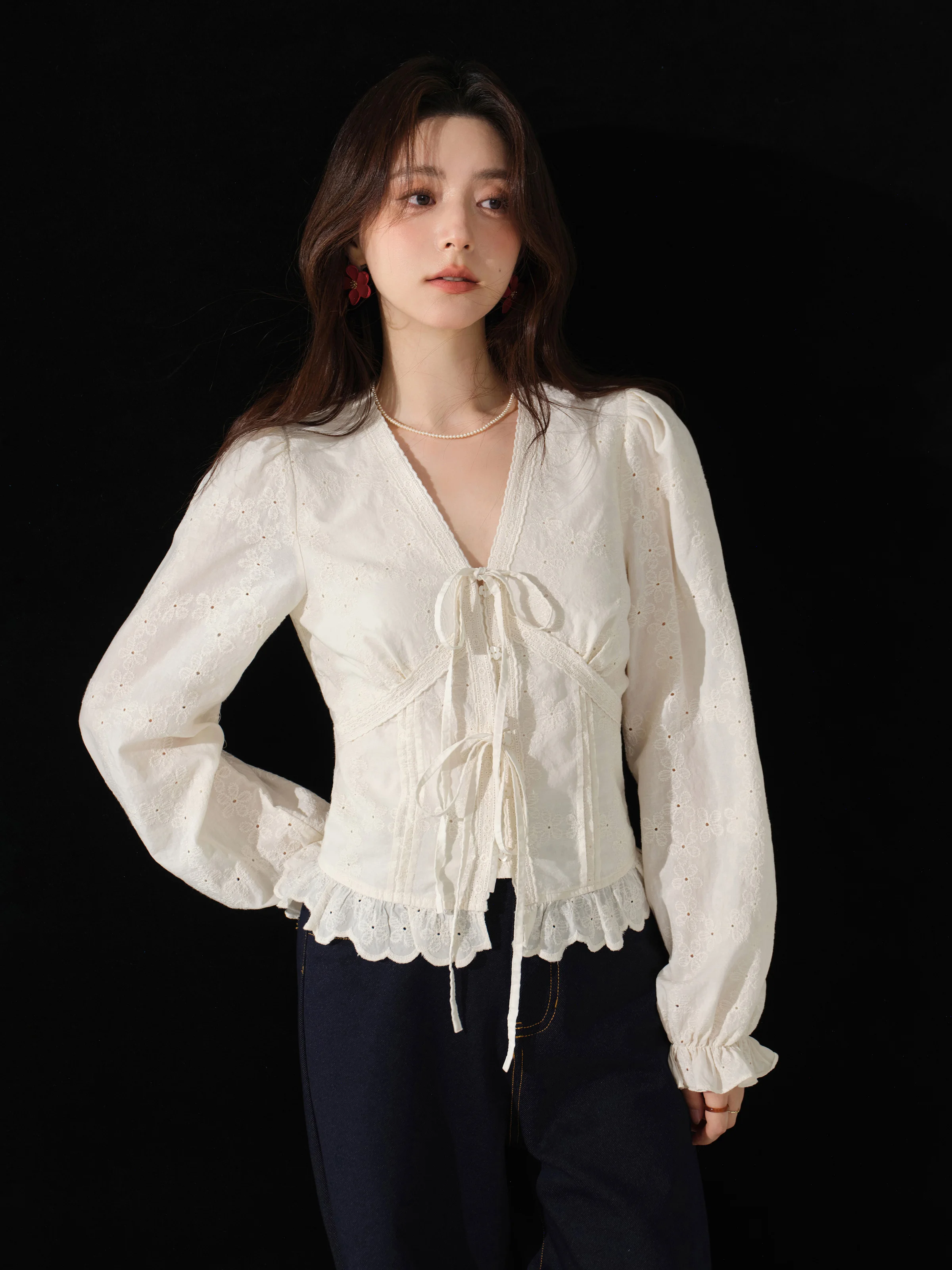 Vintage Elegant Cotton Blouse Women V Neck Embroidered Ruffle Shirt Hollow Out Top with Long Sleeves and Feminine Retro Design