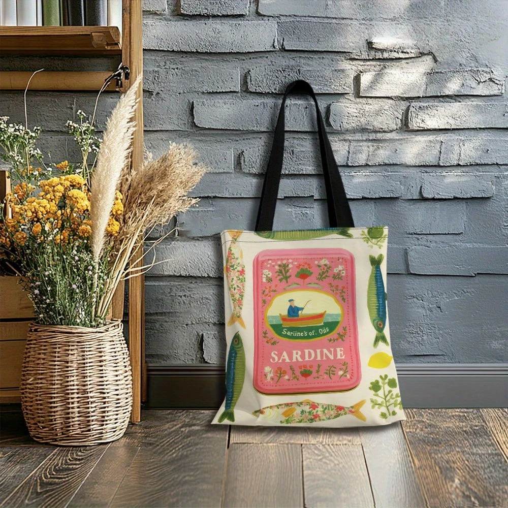1개의 다채로운 정어리 틴 아트워크 토트백, 넉넉하고 가벼운 생기 넘치는 물고기 & 꽃무늬 디자인 여성용 쇼핑백 토트백