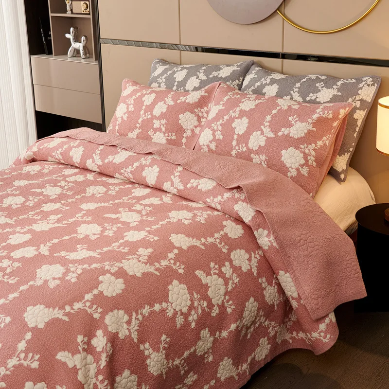 High-End King Size 3-Piece Embroidered Quilt Bedspread Set 100% Cotton All-Season Thin Coverlet Comforter Home Decor