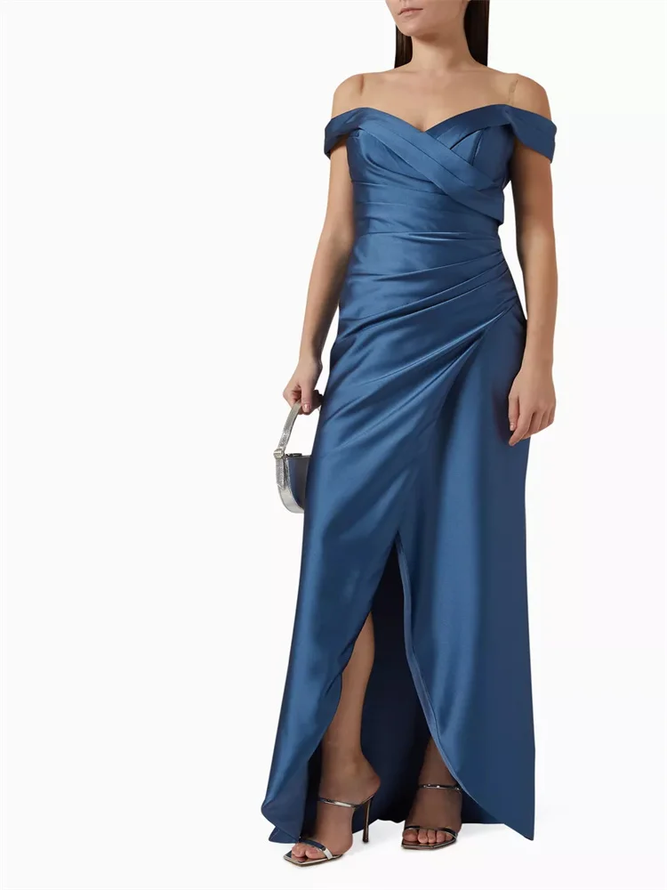 New Arrival Off The Shoulder Neckline Sleeveless Satin Straight Prom Dress Elegant Open Back Zipper High Slit Gown For Women