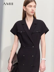 Amii Minimalism Dress for Women 2024 Summer New Office Lady Lapel Double-breasted Short-sleeve Waisted Slim Midi Dress 12442089