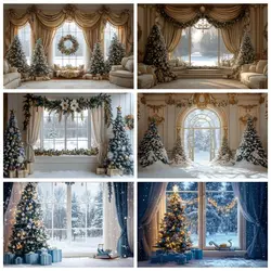 Christmas Room Window Curtain Backdrop Xmas Tree Gifts Interior Family Party Photography Background Wall Decor Photostudio Prop
