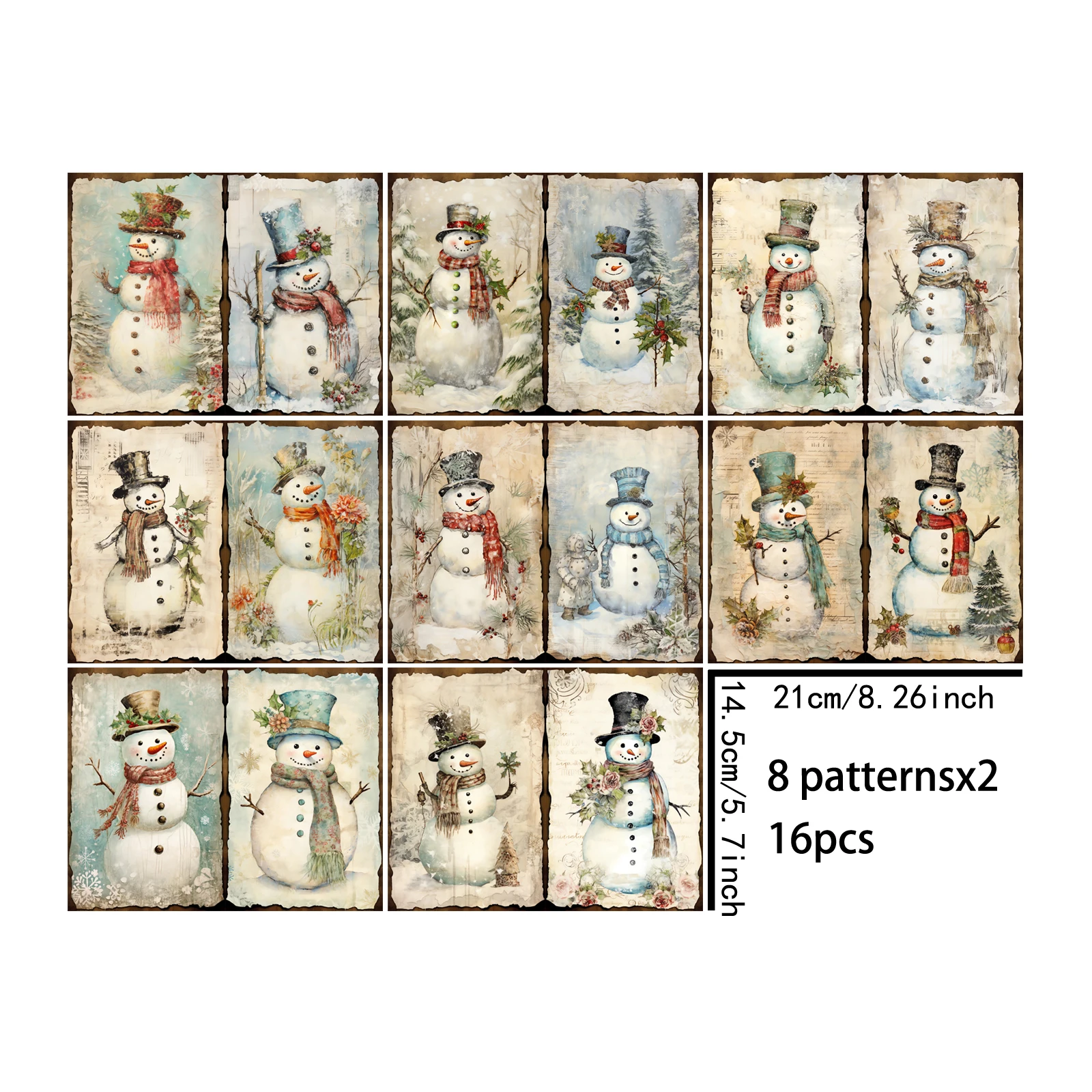 16 แผ่น A5 ขนาดผ้าพันคอสไตล์ที่แตกต่างกัน Snowman การจับคู่คอลเลกชันพื้นหลัง Vintage Grunge Journal Planning Scrapbooking