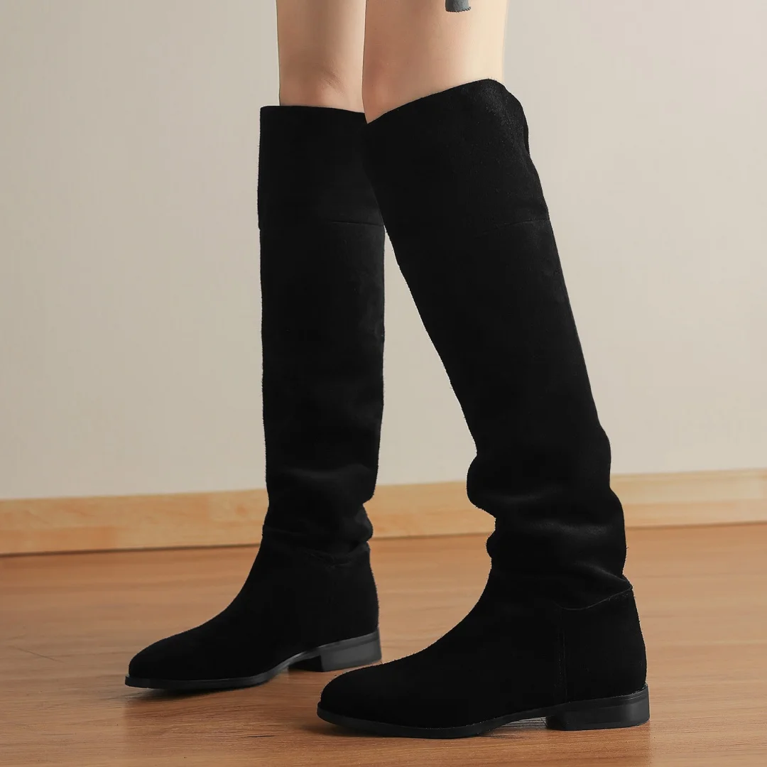 danxuefei women's natural suede leather round toe slip-on autumn over the knee boots high quality casual flats long boots shoes