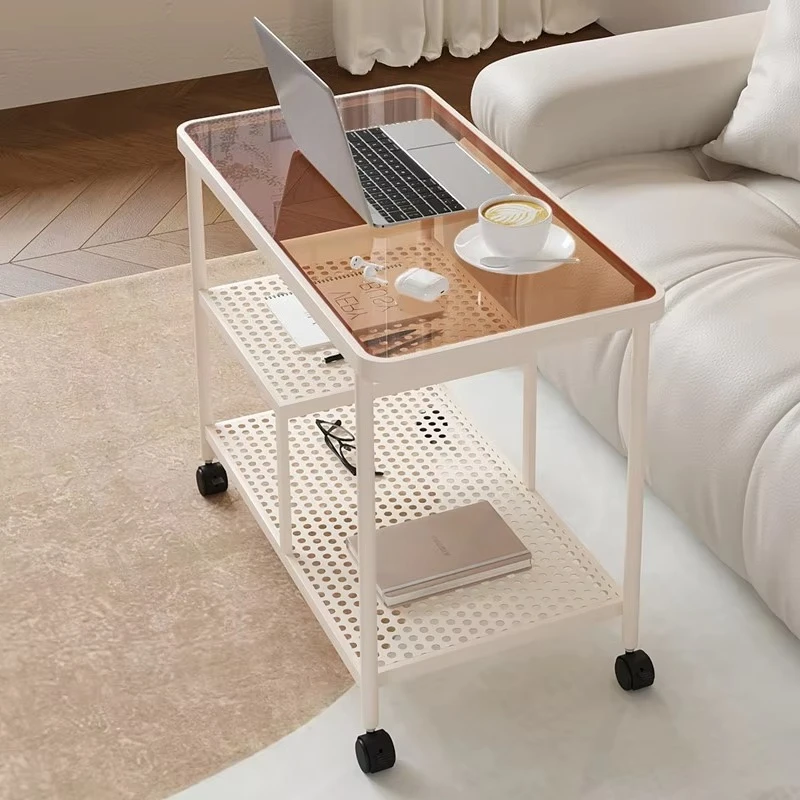 

Nordic tempered glass sofa side table mobile cart simple modern small square light luxury bedside table