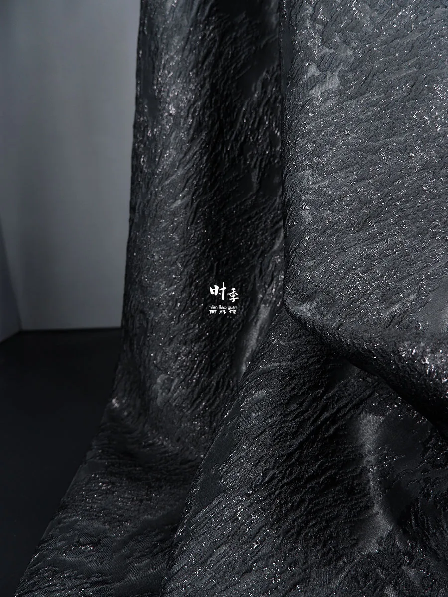 Black Blend Dark Jacquard Fabric Shiny Embossed Texture Clothing DIY Coat Bag Designer Apparel Sewing Fashion Fabrics Cloth