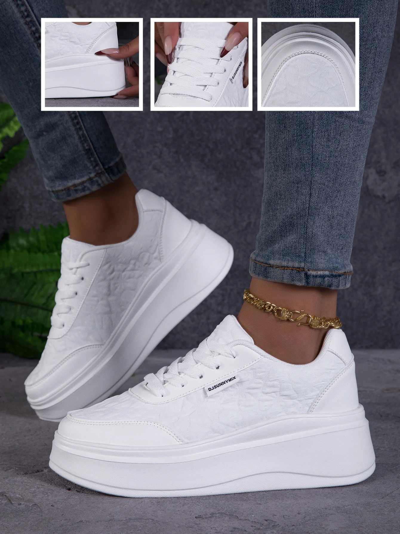 DJSUNNYMIX Damenschuhe 2023 Neuer Stil Mode Lässig Vielseitig Weiße Spitze Mesh Atmungsaktiv Hohlplattform Damen Sneakers – Detail 1