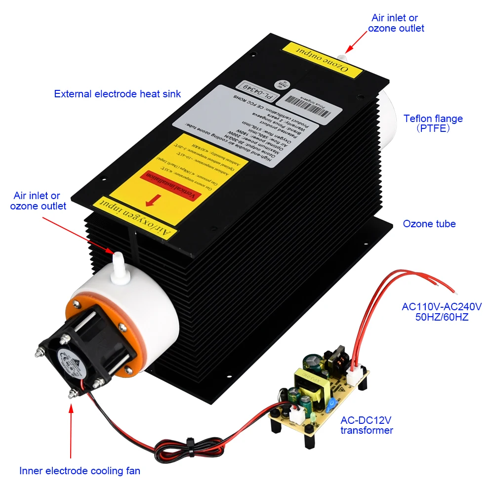 CE FCC ROHS Patented product 20G/H 20grams Ozone generator component parts With internal electrode heat sink and cooling fan