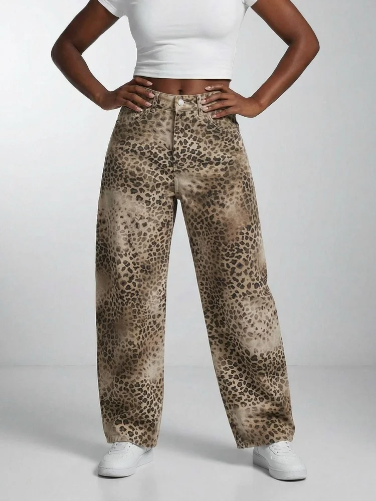 

2026 Trend Y2K Style Vintage Leopard Baggy Women's Jeans Pants For Woman Clothing Straight Cotton Long Trousers Ropa De Mujer