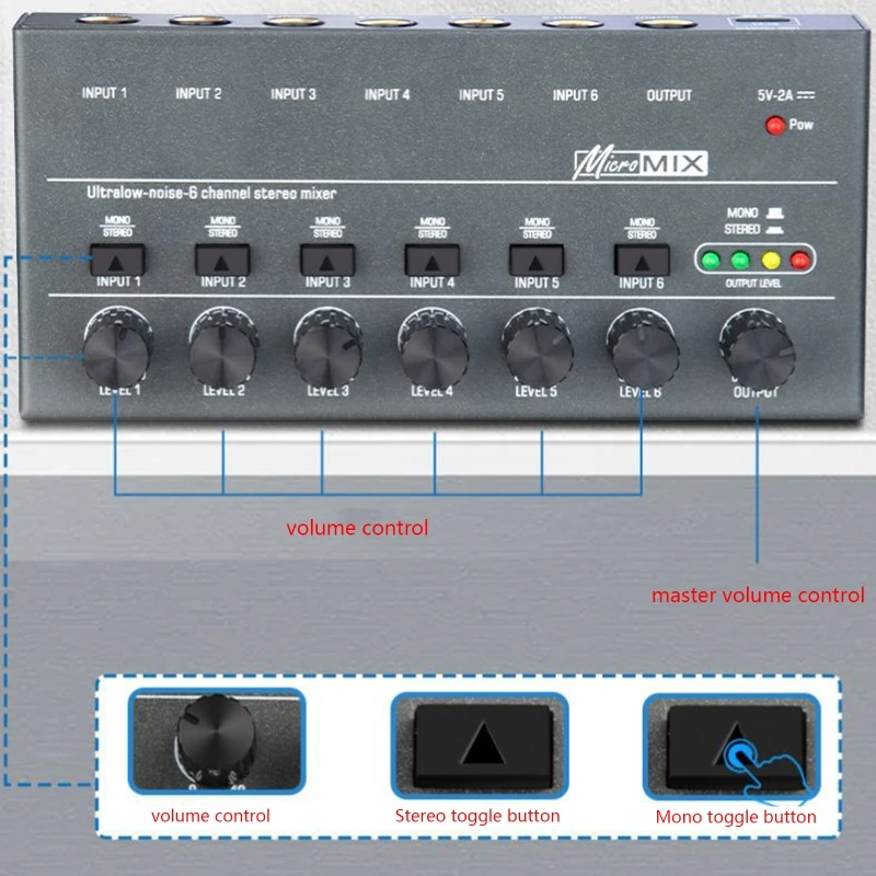 Ultra Compact Audio Mixer KTV Karaok 6 Channel Professional Stereo Sound Mixer Ultra LowNoise 6 Channel Audio Mixer