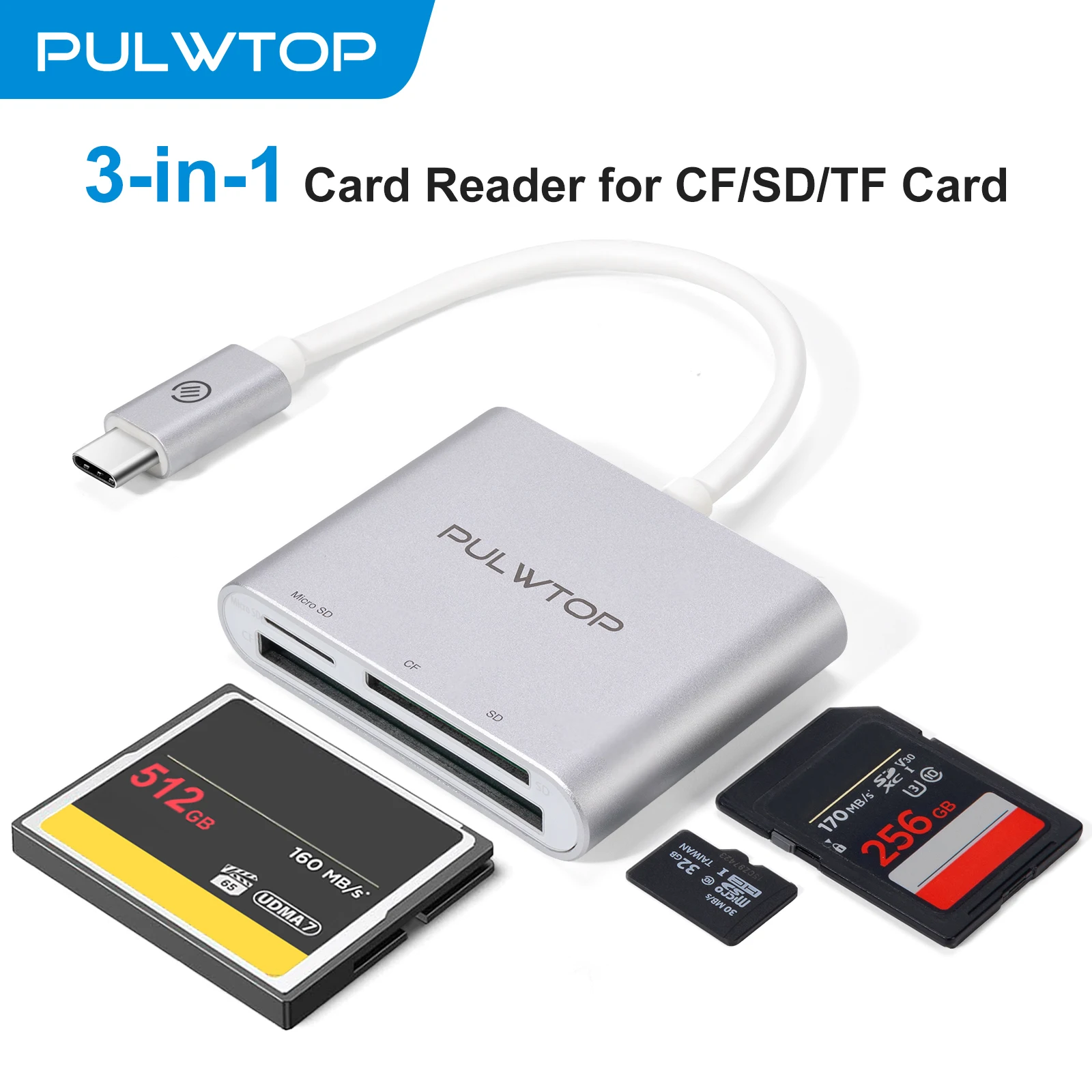 PULWTOP 3 in 1 USB-C to MicroSD/SD/CF Card Reader Adapter, SD Card Reader with Compact Flash(CF)/SD/MicroSD Slots Compatible