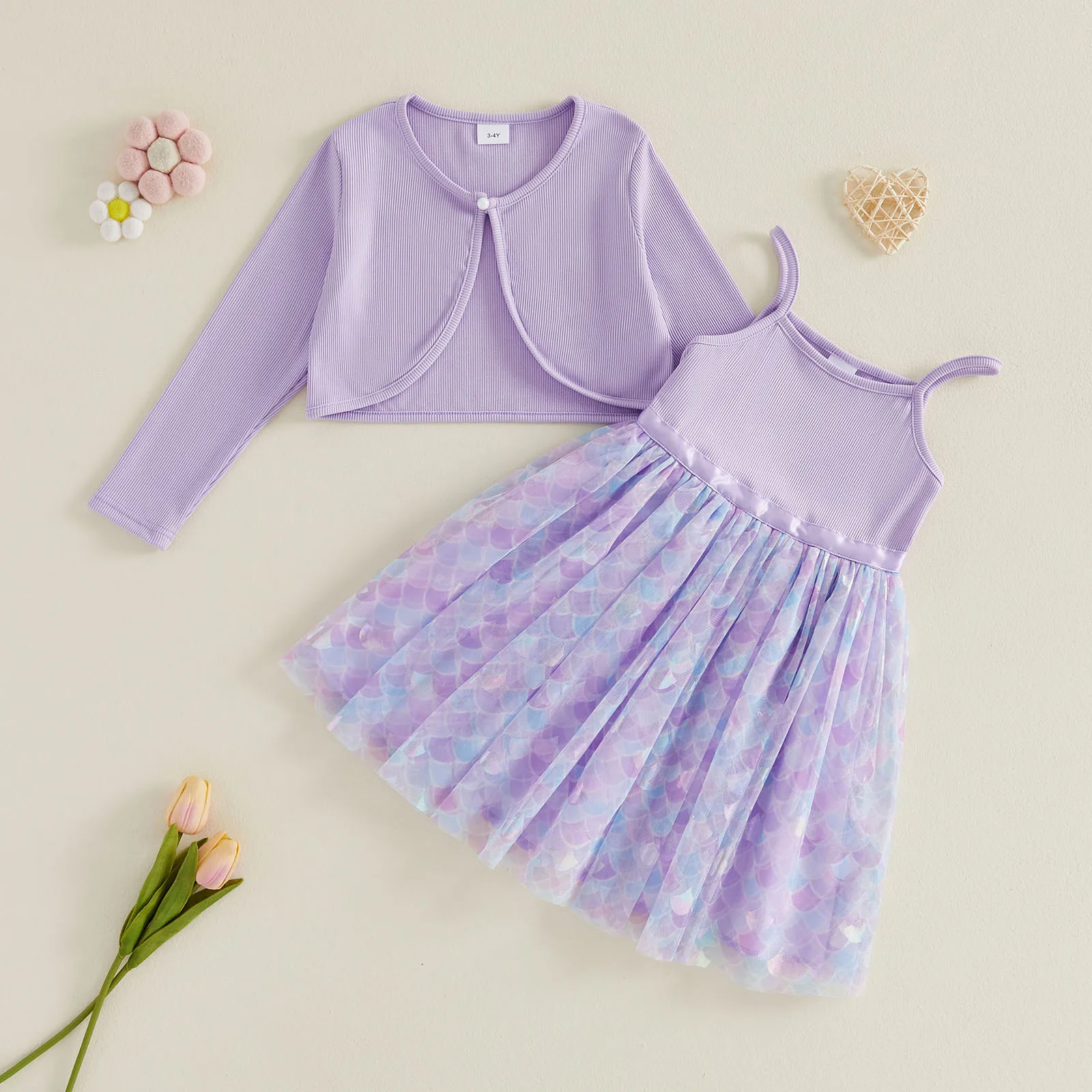 1-5Y Toddler Baby Girls Clothing Set Fashion Long Sleeve Cardigan with Scales Printed Tank Dress 2Pcs Summer Girls Dress Outfit