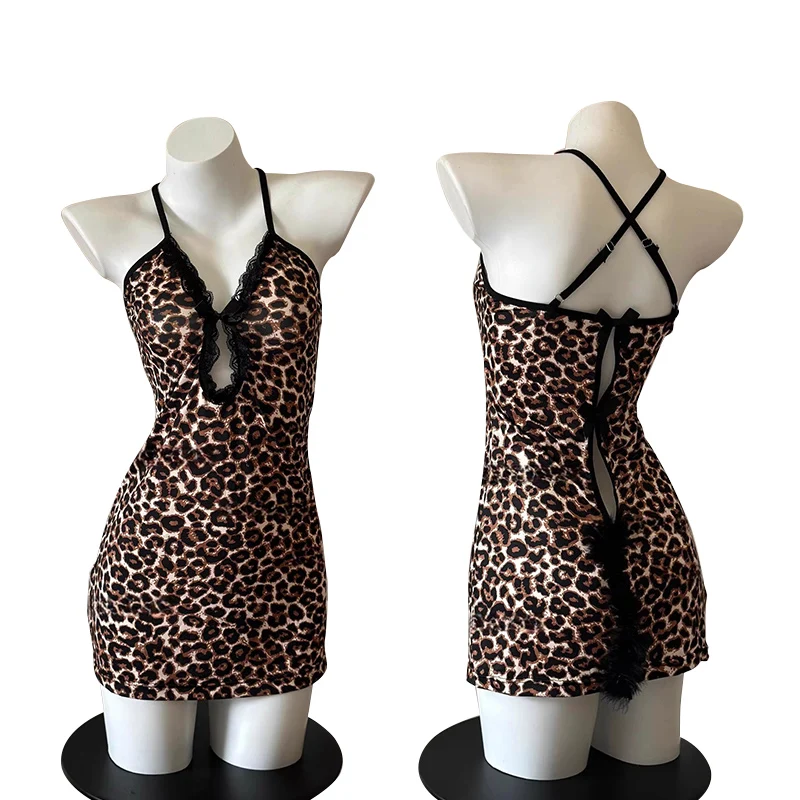 

Sexy American Girl Wild Leopard Pattern Sexy Queen Wind Bag Hip Skirt Lace Plush Tail Strap Sleeping Skirt