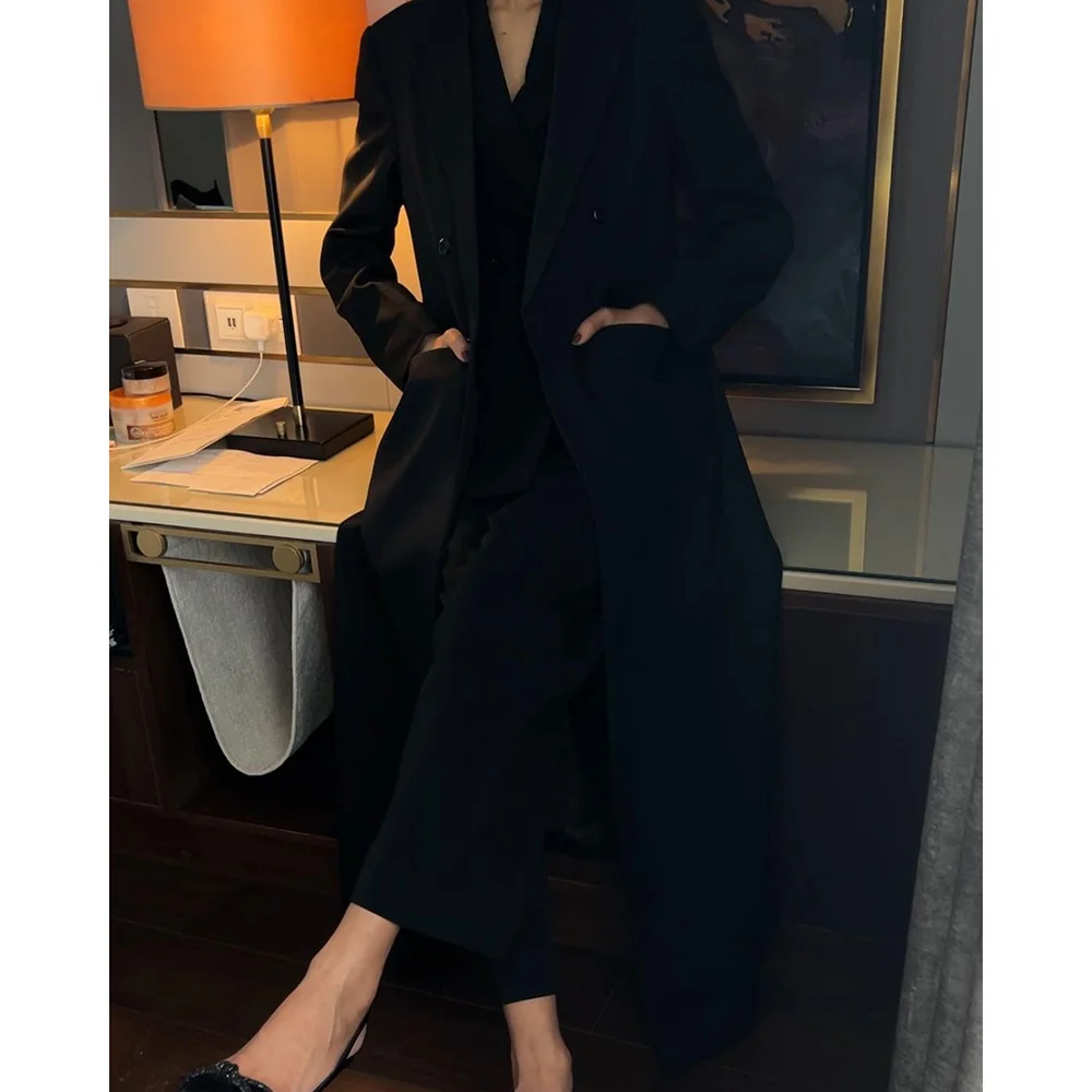 Elegant Black High Quality Women Suits Double Breasted Peak Lapel Luxury Dresses Chic Formal Business Long Jacket Abaya Blazer