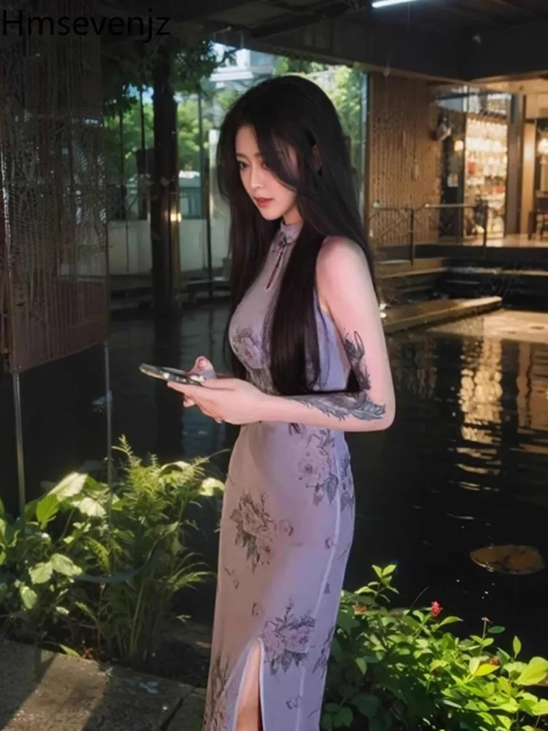 

Hmsevenjz Chinese Style Elegant Qipao Women's Summer Purple Slim Stand Collar Sleeveless Hip Wrap Dress Fashion Female Clothes