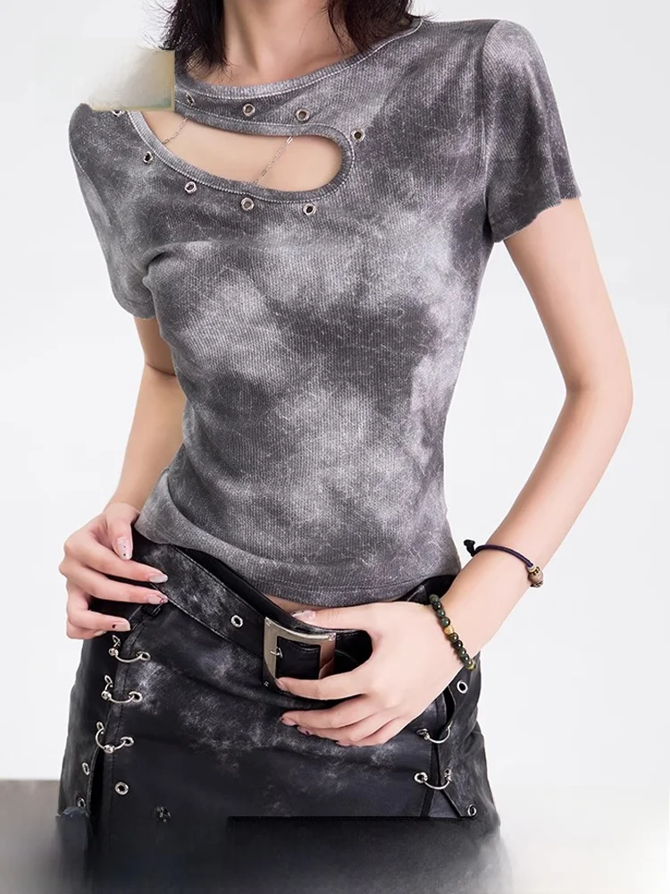 

Новая летняя женская футболка с пуговицами и цепочкой, с вырезами, в стиле тай-дай, с коротким рукавом, круглым вырезом, стандартной длины, для повседневной носки