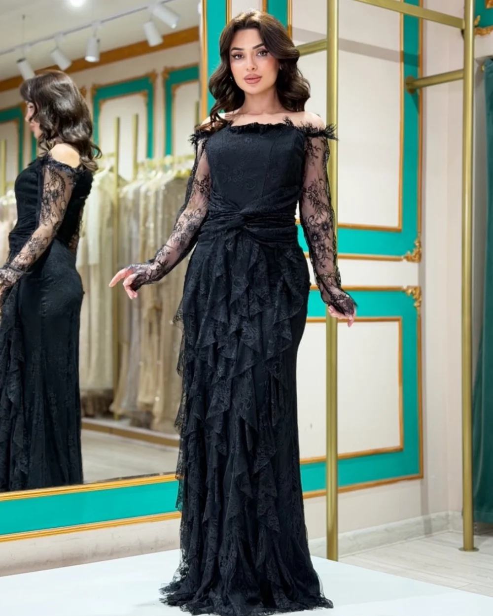 

Customized Fashion Women Lace Ruched Pleat A-Line Evening Dresses Classic Off-the-shoulder Three Quarter Sleeve Long Party Gowns