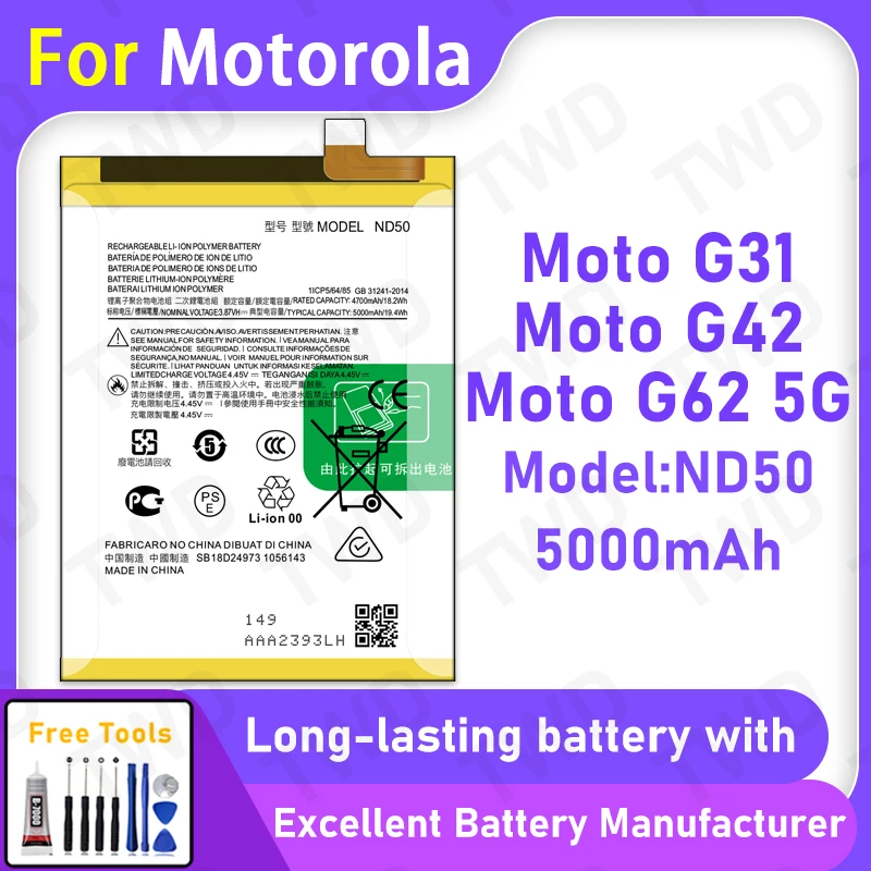 

100% New 5000mAh ND50 Battery For Motorola Moto G31/G62 5G/G42 Replacement Bateria+Free Tools