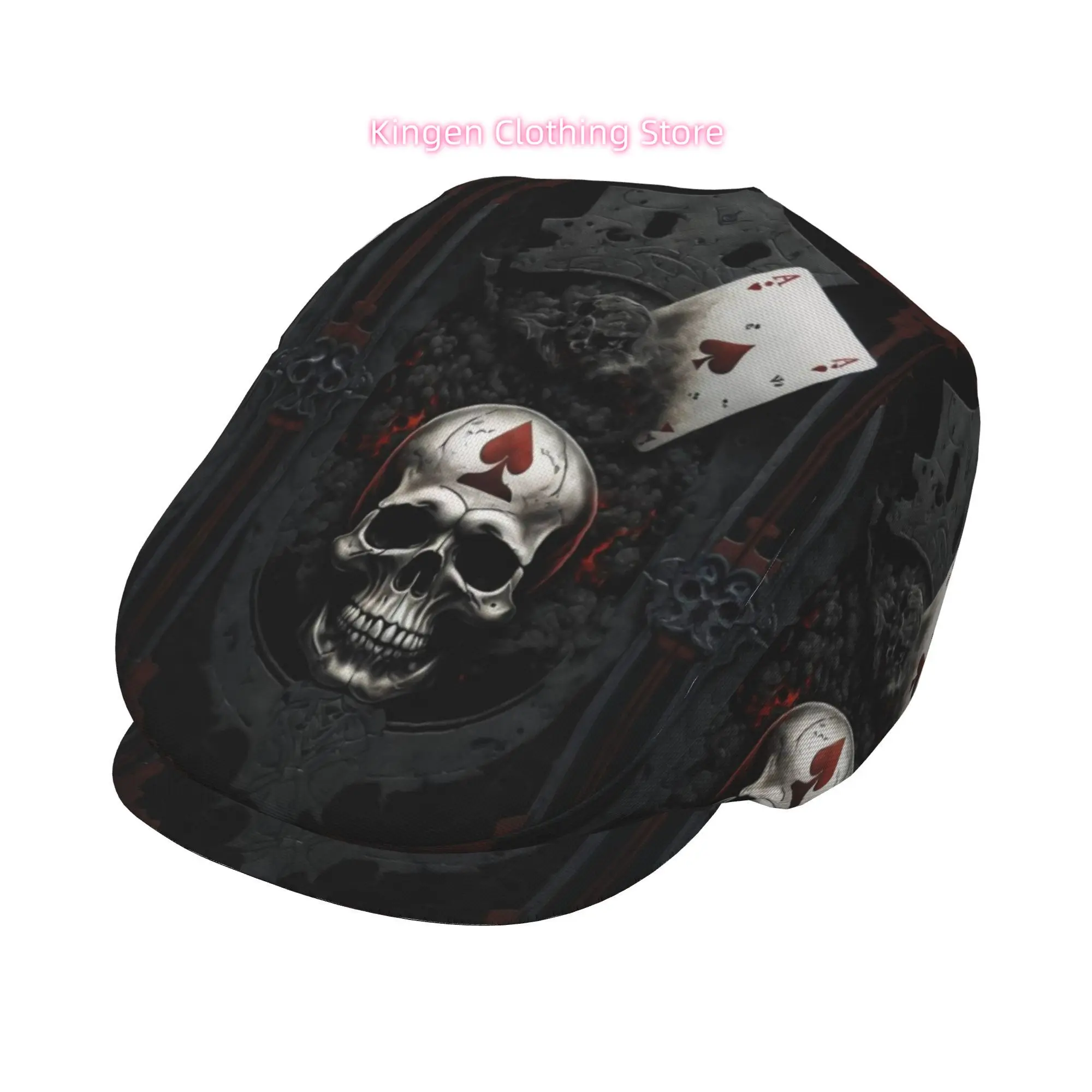 Flat-Top Hats Featuring a Skull Design with an Ace of Hearts Pattern, Suitable for Both Men And Women, Including Newsboy Caps, B