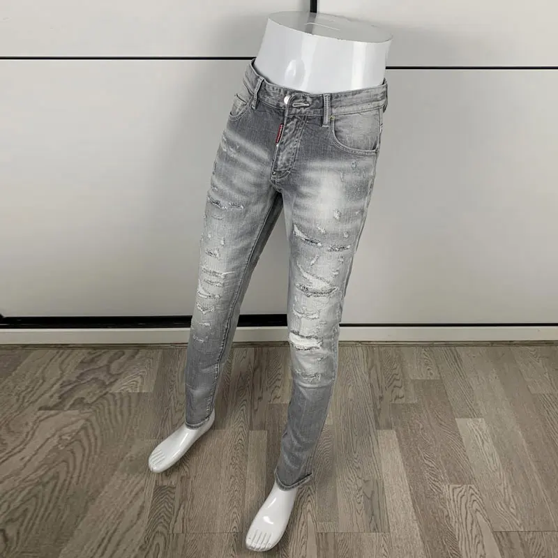 Men Light Grey Washed Whisker Multi‑Scratch Ripped Stretch Skinny Denim Jeans Retro Hip‑Hop Streetwear Denim Jeans