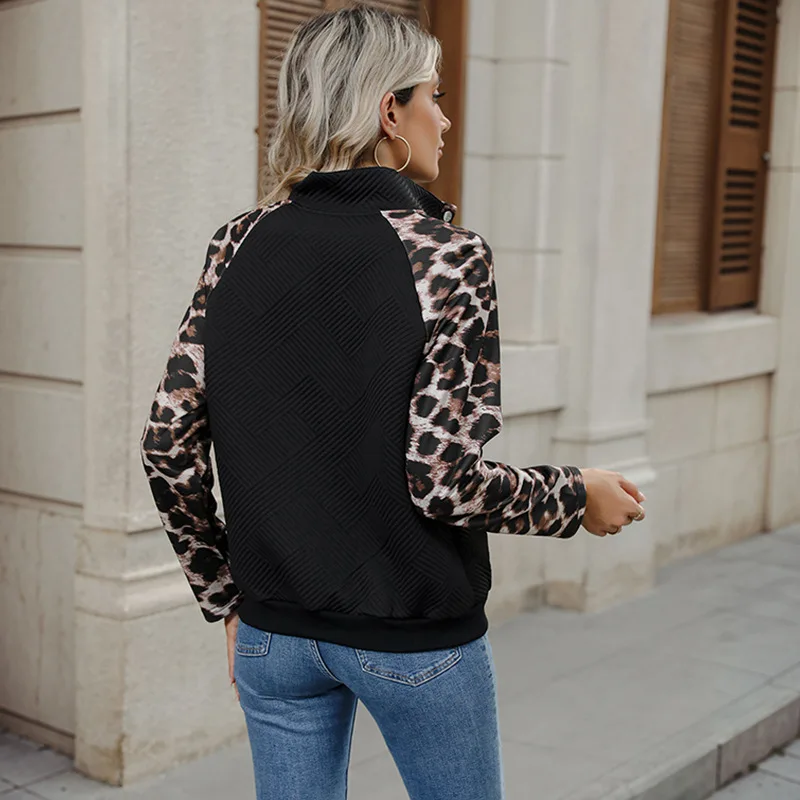 Sweatshirts Women Tops Leopard Print Full Sleeve Hoodies Zipper Top Turn Down Collar Y2k Streetwear Casual Elegant Splice Work