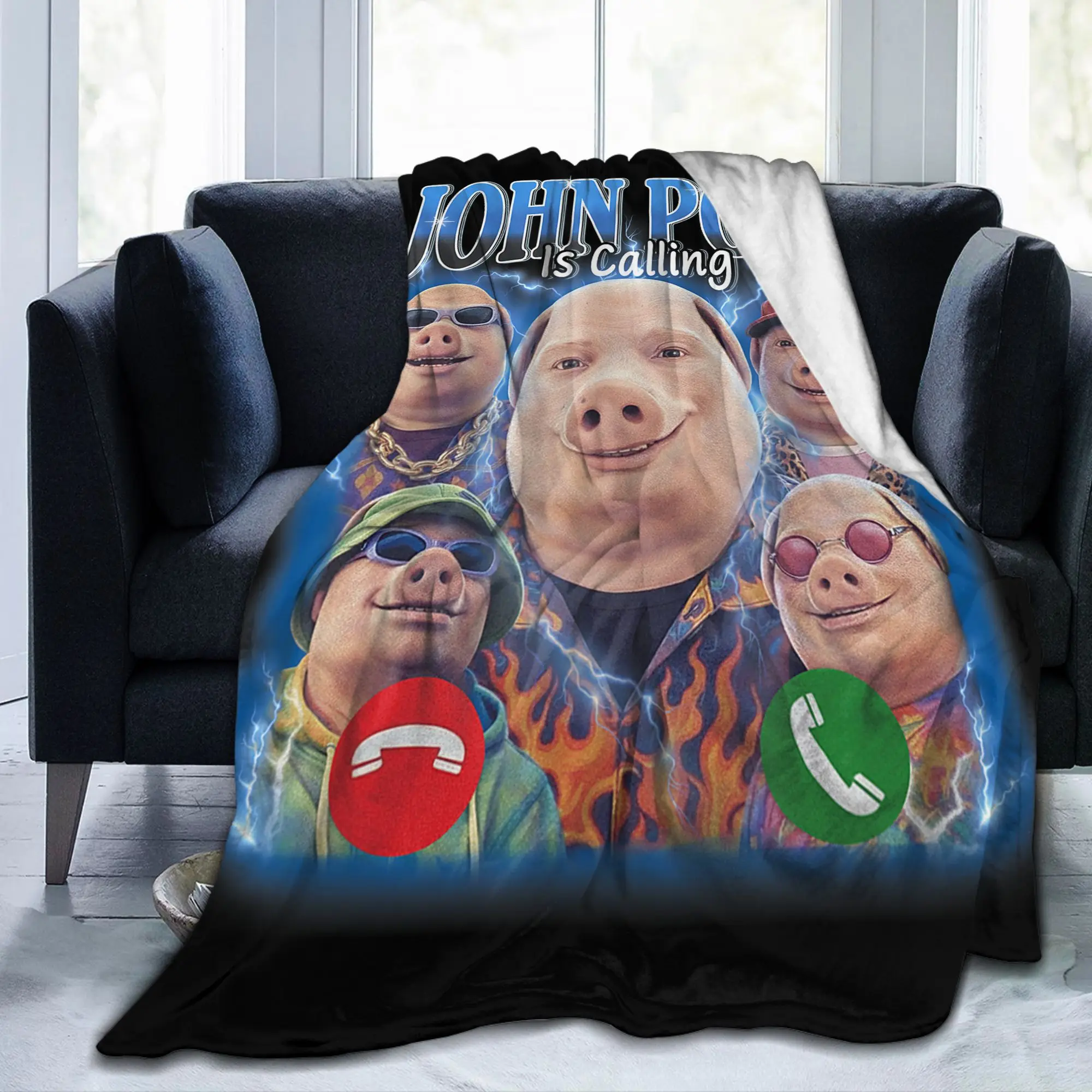 Funny John Pork Phone Calling Meme Flannel Blankets Brainrot Bedding Throw Blankets for Home Bed Ultra-Soft Travel Breathable