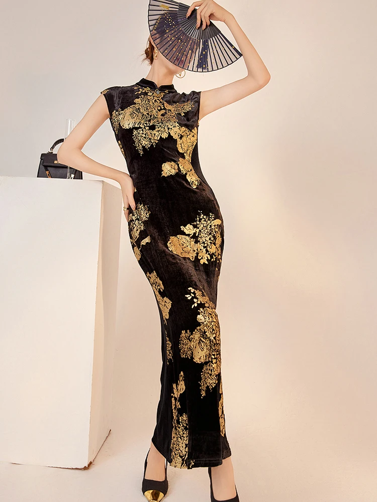 ReddaChic luxe gouden bloem lange Qipao jurk dames kraag muts mouwen fluweel zeemeermin Chinese Cheongsam elegante feestjurk