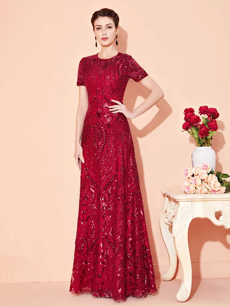 Modest O-Neck Wine Red Sequin Wedding Pary Dresses Elegant A-Line Floor-Length Mother Of The Bride Dresses Long