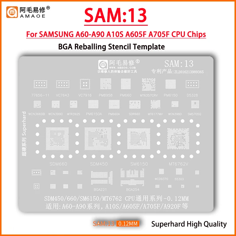 

SAM13 BGA Reballing Stencil For Samsung A10S A20 A30 A40 A50 A60 A70 A80 A90 A605F A705F A920F SDM660 SDM450 SM6150 MT6762V CPU