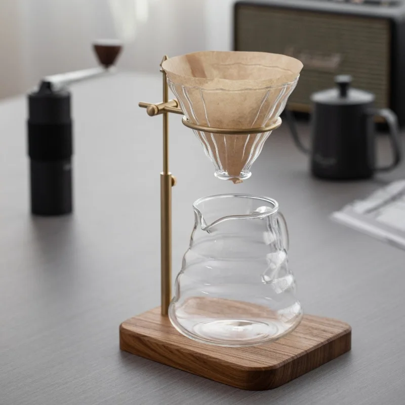Vintage Brass & Walnut Wood Pour Over Coffee Stand – Adjustable Filter Holder for V60 & Cone Coffee Filters & Tabletop Decor