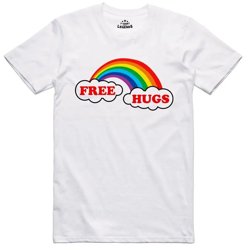 تي شيرت Free Hugs Rainbow بتصميم عادي من القطن المنكمش مسبقًا
