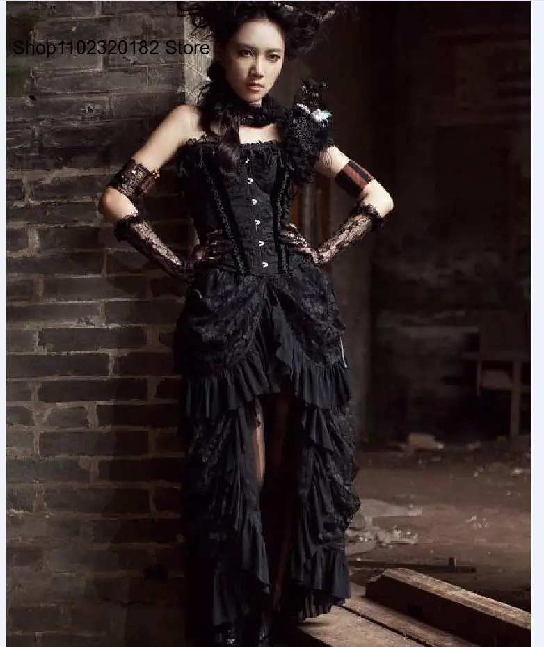 New Women Retro Victorian Lace Up Steampunk Gothic Goth Punk Long Skirt Ruffle Dress