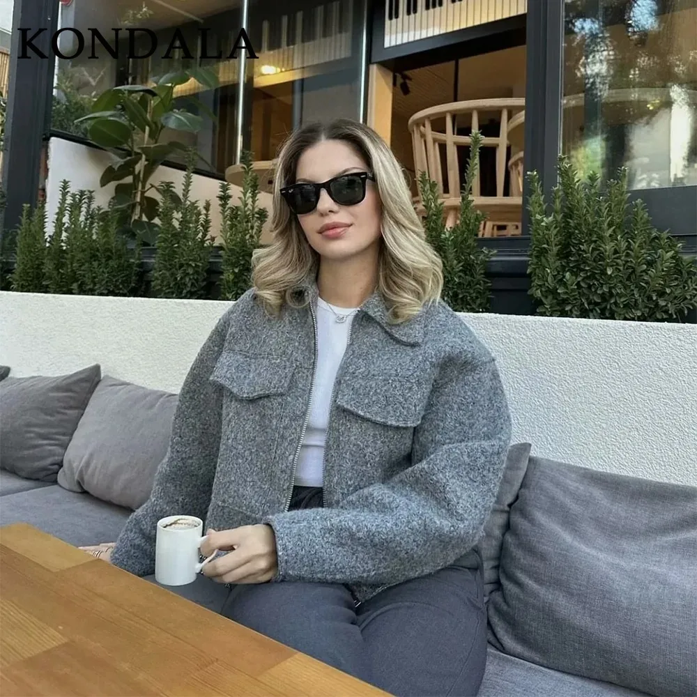 

KONDALA2025 Fall Jackets For Women Back To School Clothes Korean Style Going Out Casual Zipper Tops Women Chic Ladies Solid Coat