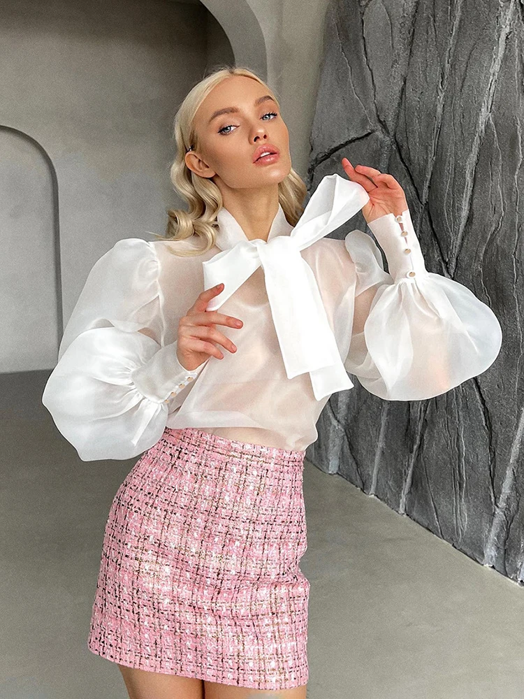 

TARUXY 2025 Summer New Mesh Long Sleeve T shirt Women's Sexy See Through Puff Sleeve Pullover Bow Lace Up Top Office Lady Casual