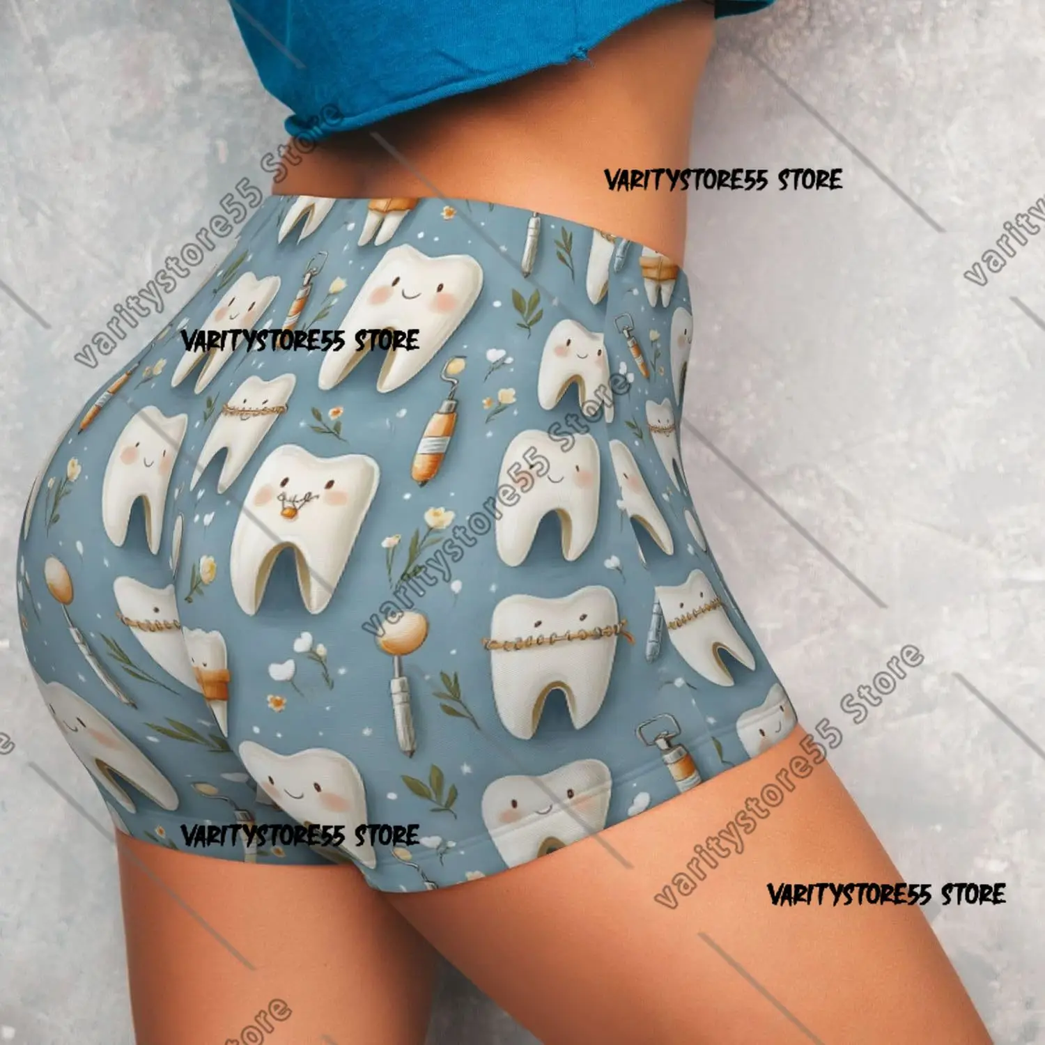 شورت نسائي للتمرين مطبوع عليه رسوم كرتونية لطيفة على شكل أسنان لراكبي الدراجات النارية واليوجا والجري والصالة الرياضية من الألياف اللدنة للنساء #5
