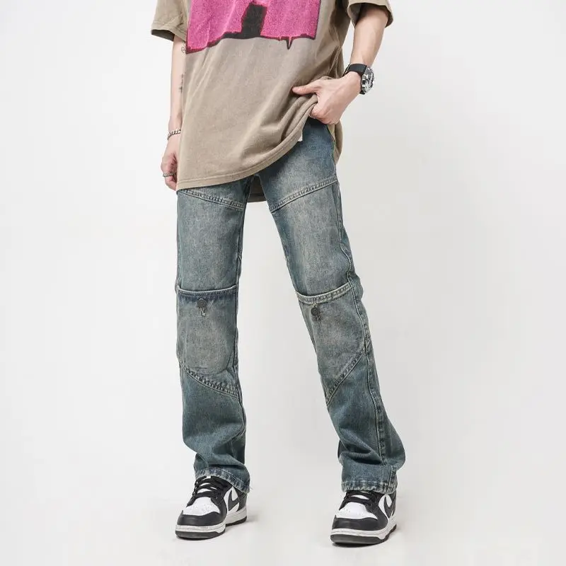 

Мужские джинсы в американском ретро-стиле на молнии, новинка 2025 года, летние повседневные прямые брюки с легким расклешением, в уличном стиле, трендовый бренд