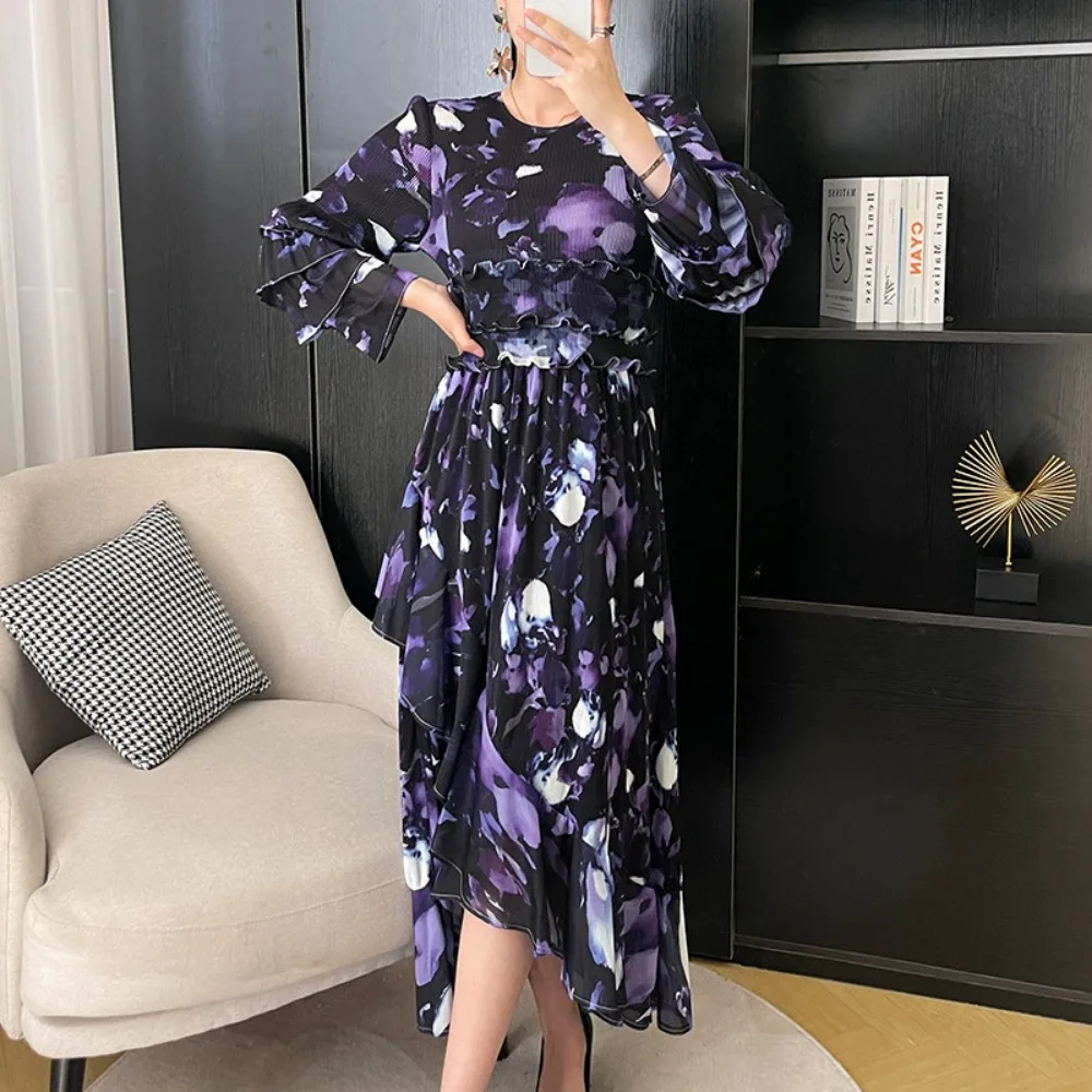 Pleats Pleated Printed Flower Wooden Dress Women's Spring Autumn New Fashion Bubble Sleeve Tie Waist Slim Medium Length Dresses