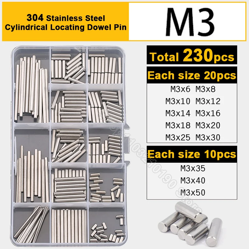 

230Pcs M3 Cylindrical Locating Dowel Pin Set 304 Stainless Steel Metal Fixing Shaft Lock Pins Round Bar Solid Rod Assortment Kit