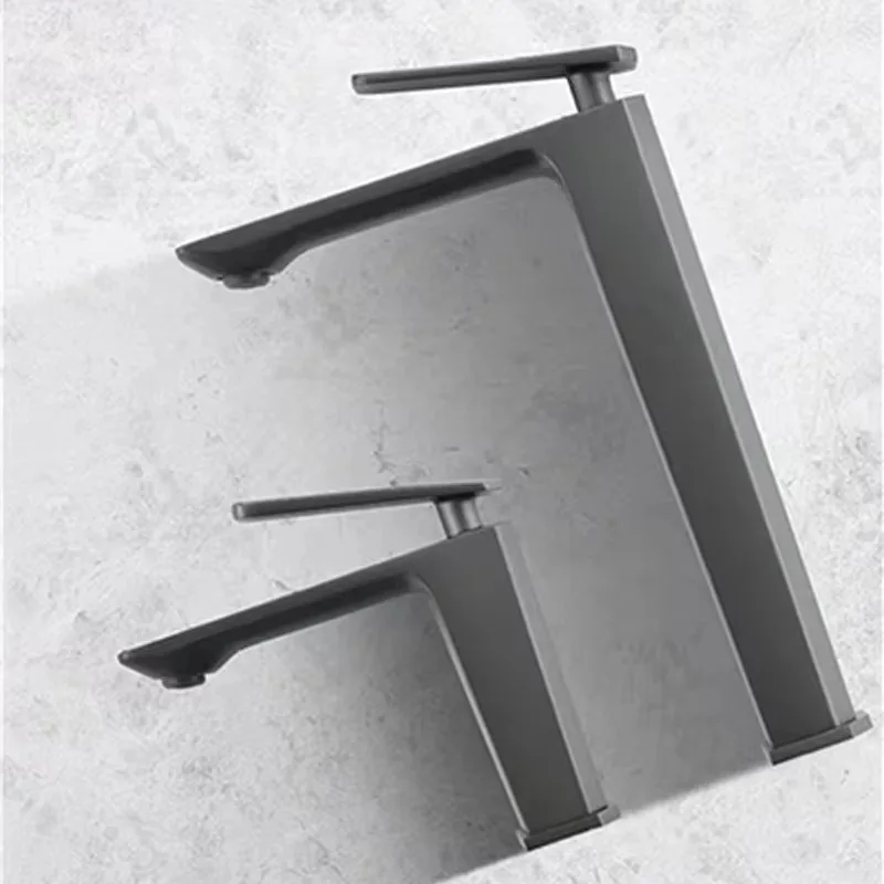 

High Quality Modern Single Handle Bathroom Basin Square Desk Gun Grey Brass Single Hole Spring Water Flow Single Hole