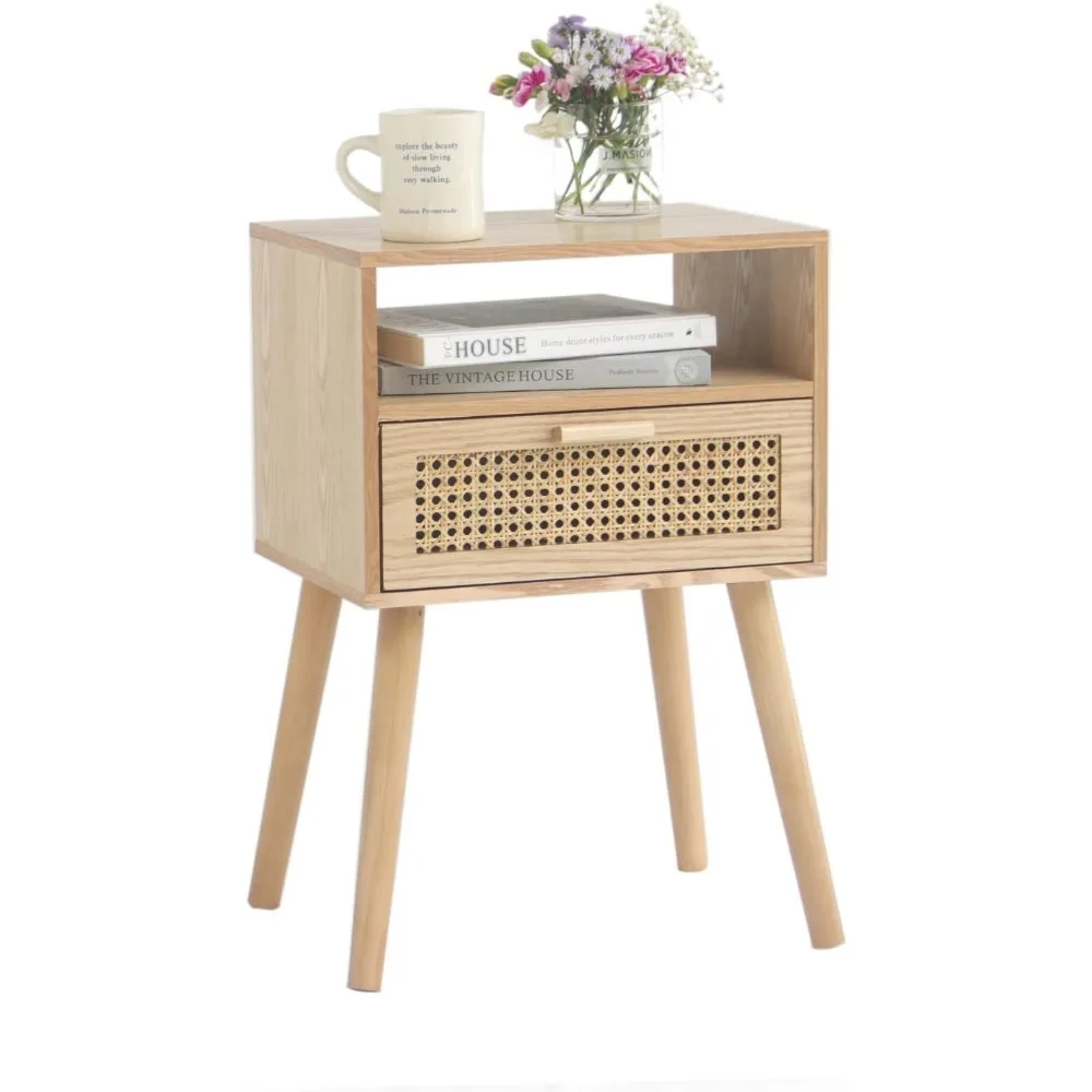 

Modern Nightstand Rattan Side End Table with Storage, for Living Room, Bedroom and Small Spaces