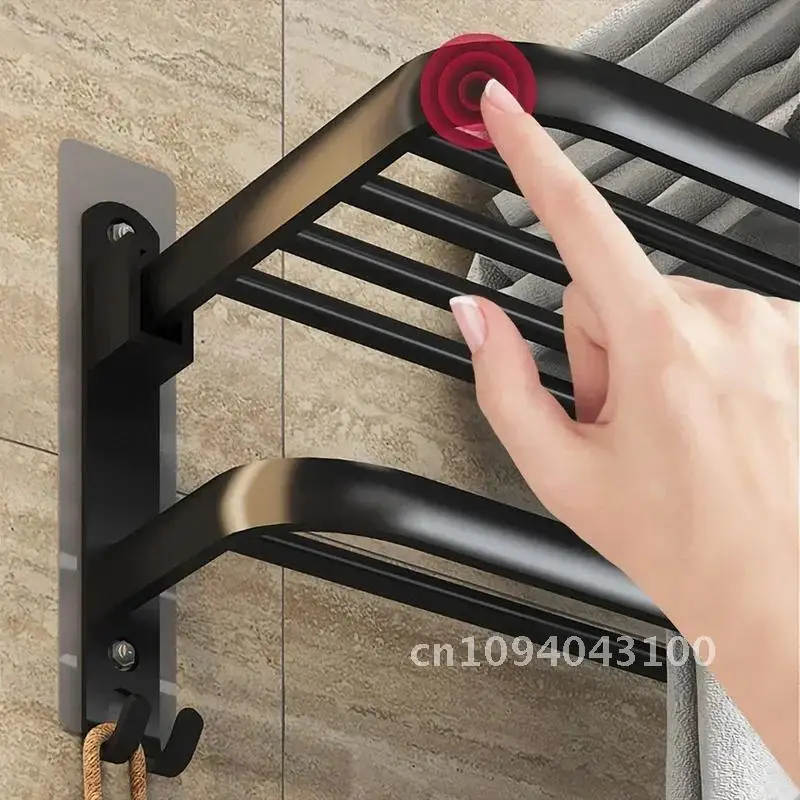 

40/50/60CM Double Layer Towel Rack Movable Non Drilling Rack Wall Accessories Bracket Mounted Aluminum Black Bathroom Shower
