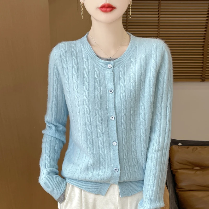 เสื้อคาร์ดิแกนผู้หญิงสำหรับฤดูใบไม้ร่วงและฤดูหนาว ทำจากขนแกะเมอริโน 100% เสื้อสเวตเตอร์เรียบหรู สไตล์ลำลอง เซ็กซี่ ดีไซน์สีตัดกัน เสื้อถักแฟชั่น