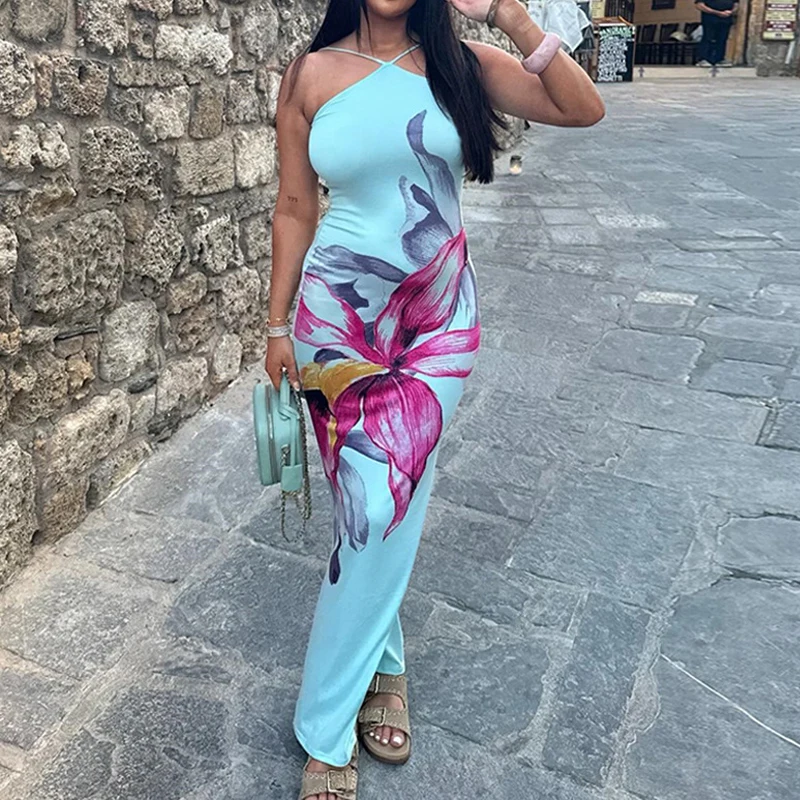 BKLD Summer Beach Holiday Female Floral Print Elegant Tank Dress Sexy Halter Sleeveless Off-shoulder Open Back Sheath Maxi Dress