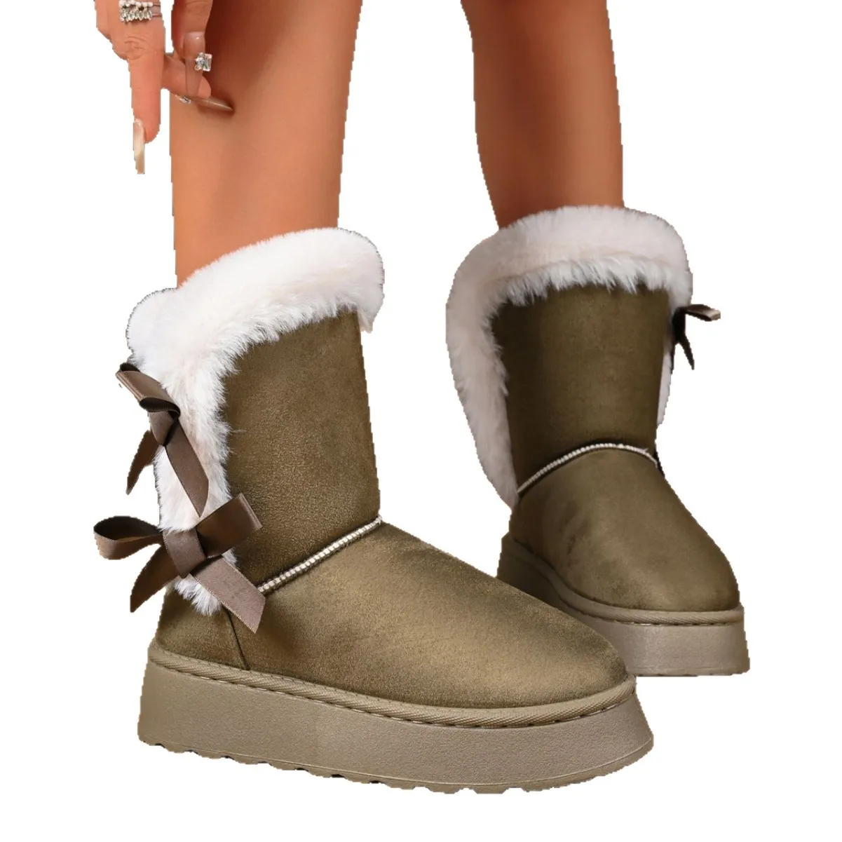 女性の冬のスリッポンブーツファッションソリッドボウカジュアルスノーブーツ大きいサイズ快適なプラットフォームブーツ女性用