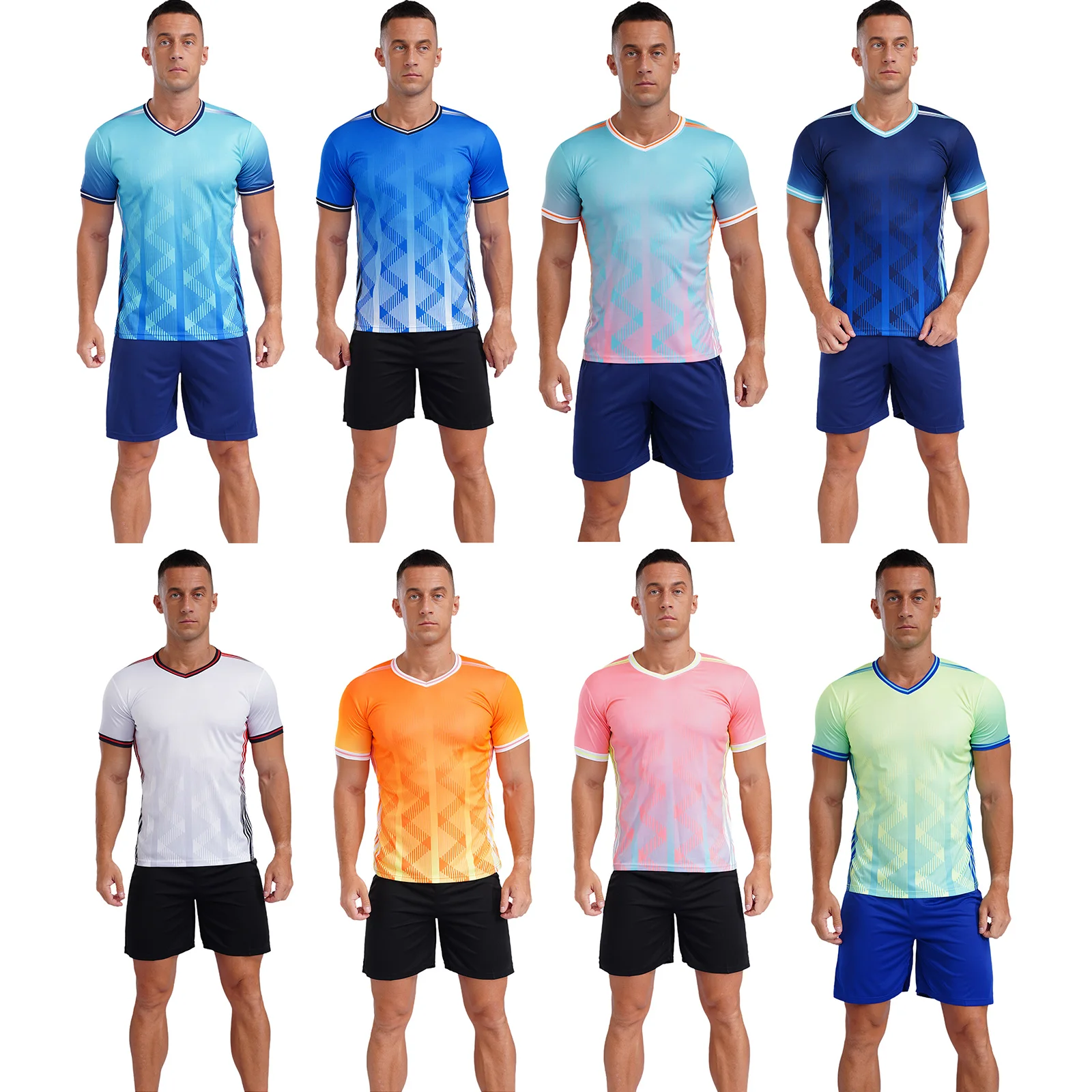 Mens Football Training Uniform Sports Set V Neck Short Sleeve Graphic Print T-shirt with Drawstring Shorts Basketball Outfits