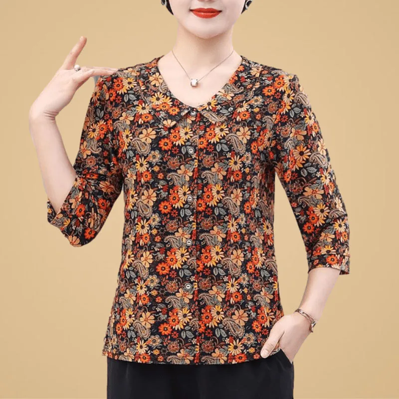 Vintage Plus Size Floral Printing Women\'s Clothing Summer V-neck Loose Fashion Comfortable Tops Women Half Sleeve T-shirt