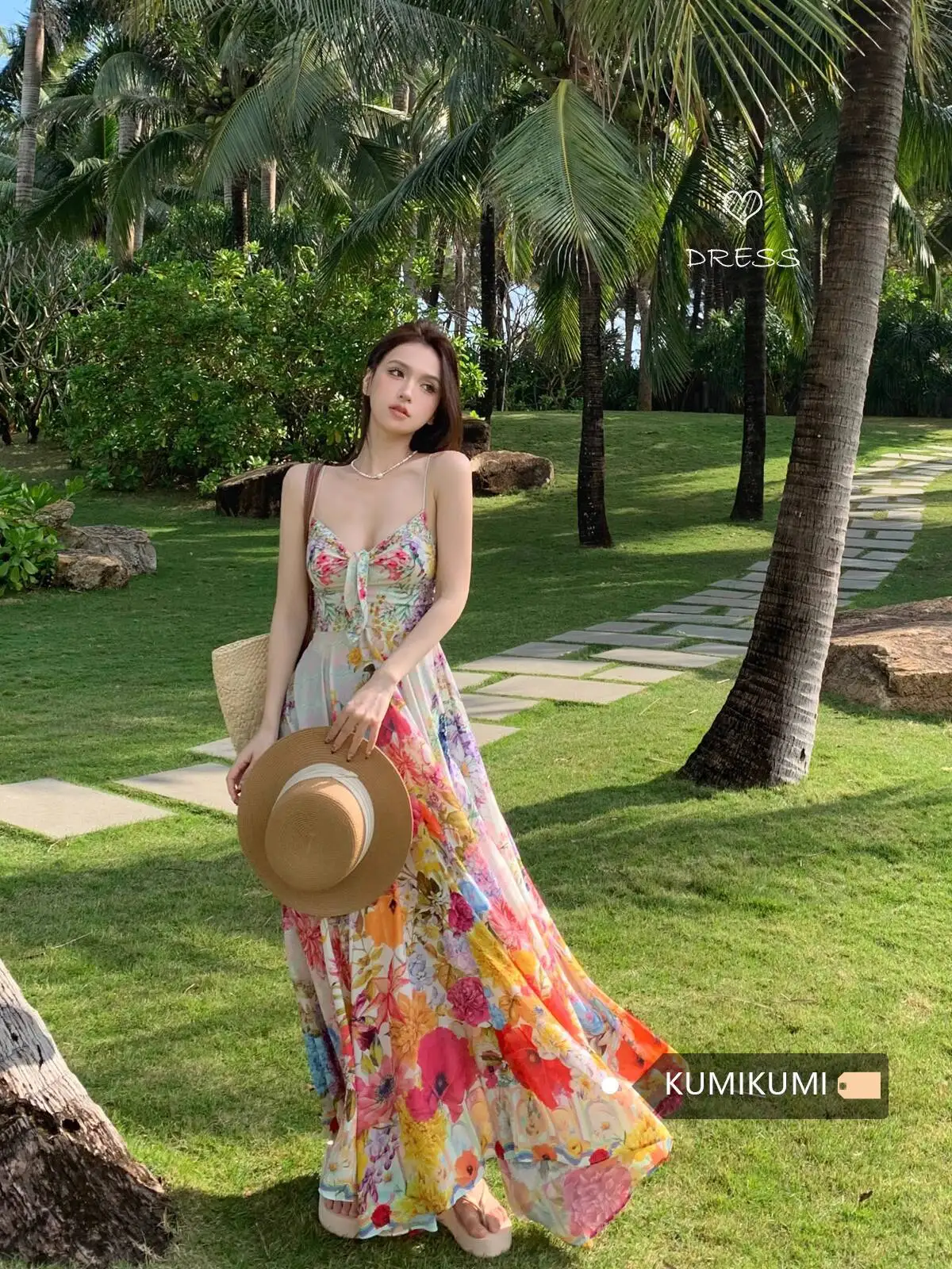 

Summer New Women's French Floral Print Slip Dress - Slim Waist A-Line Maxi Dress, Beach Vacation Style